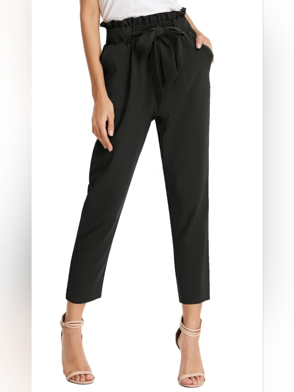 Paperbag Tie-Waist Cropped Pants - Black